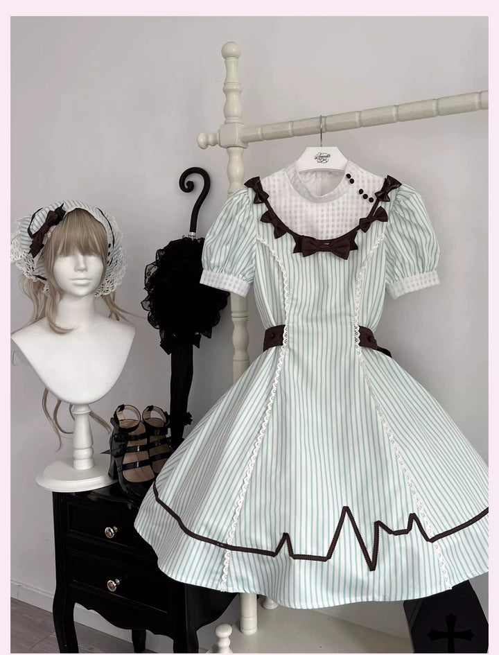 Old School Lolita Striped Dress, Cross Apron (L M S XL) 45136:836804