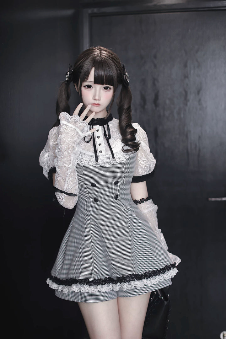 Jirai Kei Houndstooth Pattern Dress, Lace & Detachable Sleeves (L M S XL) 44922:828274