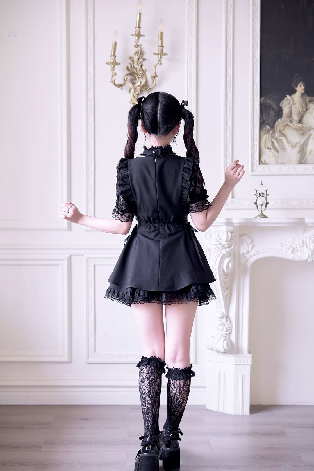 Jirai Kei Dress 4-Piece Set, Elastic Waist & Pearl Button 43010:761783