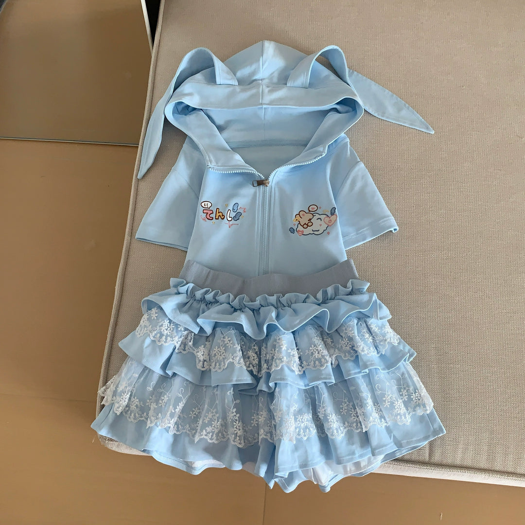 Bunny Eared Kawaii Outfit, Blue Zip Up Sweatshirt + Lace Skirt (L M S) 43560:779917