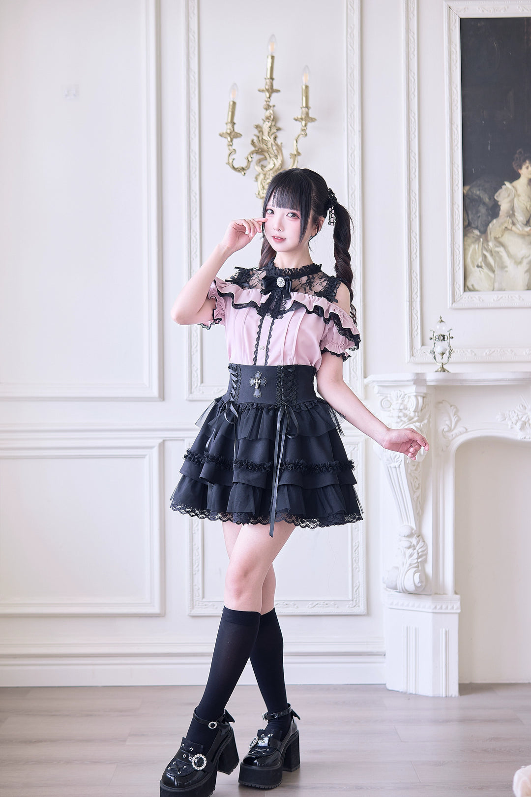 Jirai Kei Blouse with Hallow-out Upper & Rhinestone Bow Tie 42893:757700