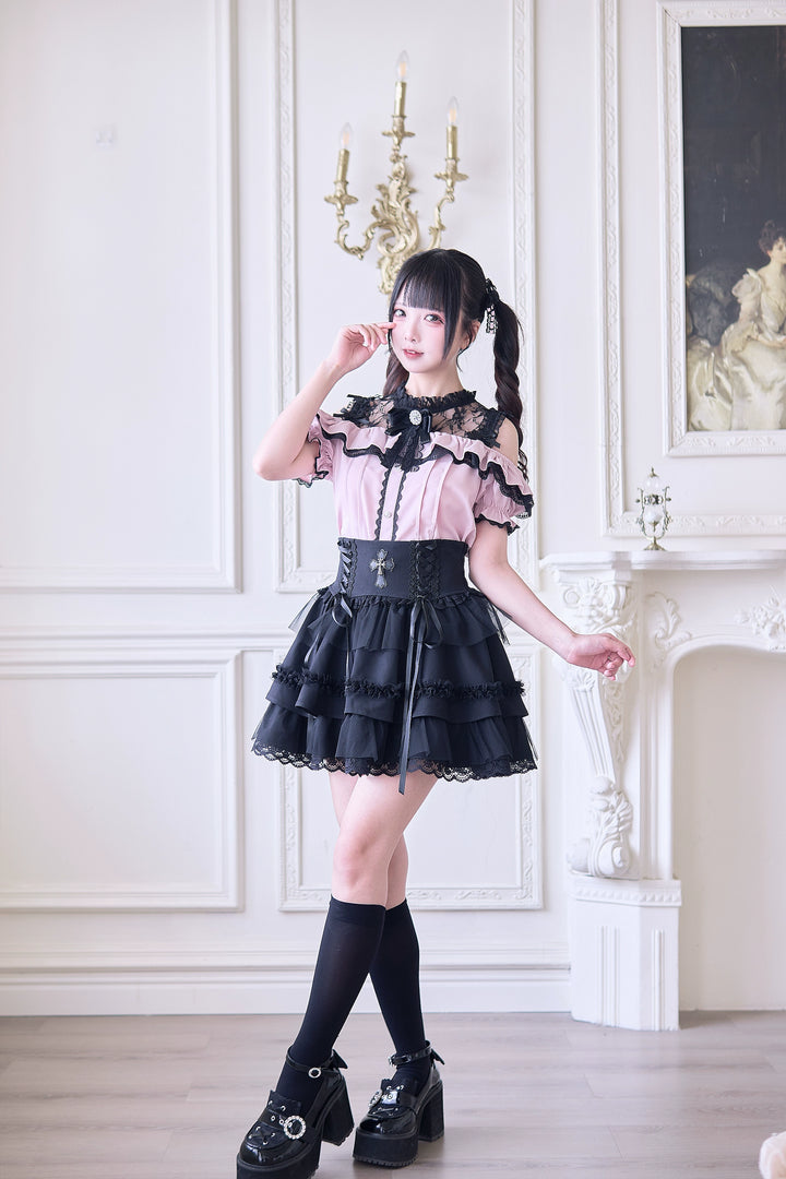 Jirai Kei Blouse with Hallow-out Upper & Rhinestone Bow Tie 42893:757700