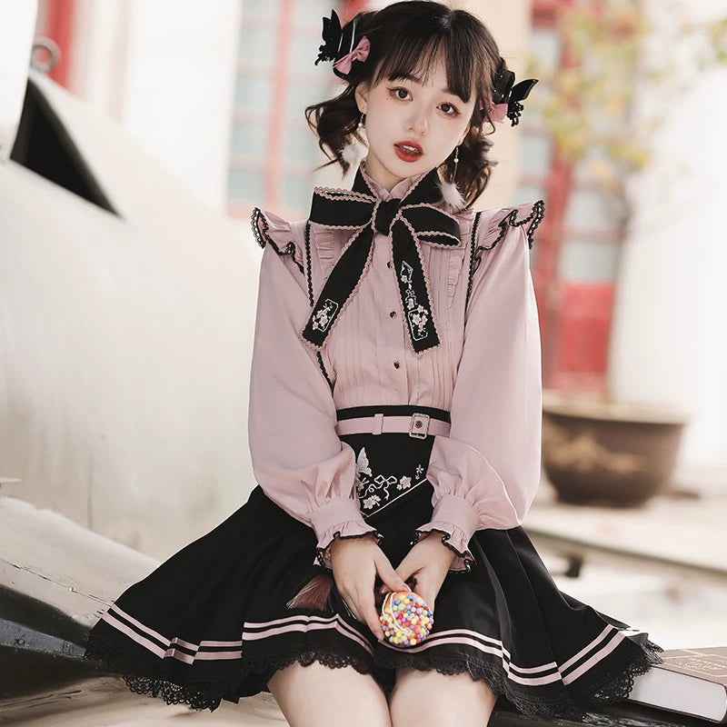 Pink Jirai Kei Blouse Black Skirt Chinese Hanfu Two-piece Set 22036:362440