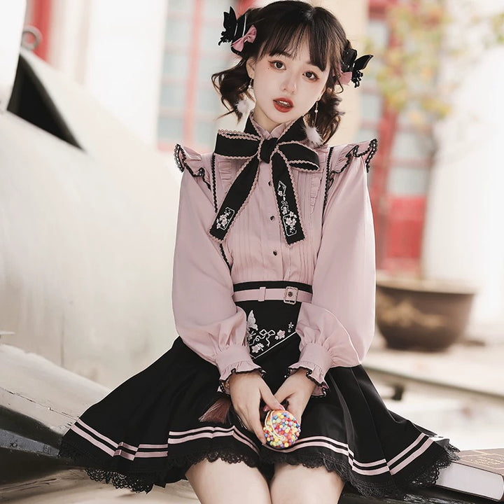 Pink Jirai Kei Blouse Black Skirt Chinese Hanfu Two-piece Set 22036:362440