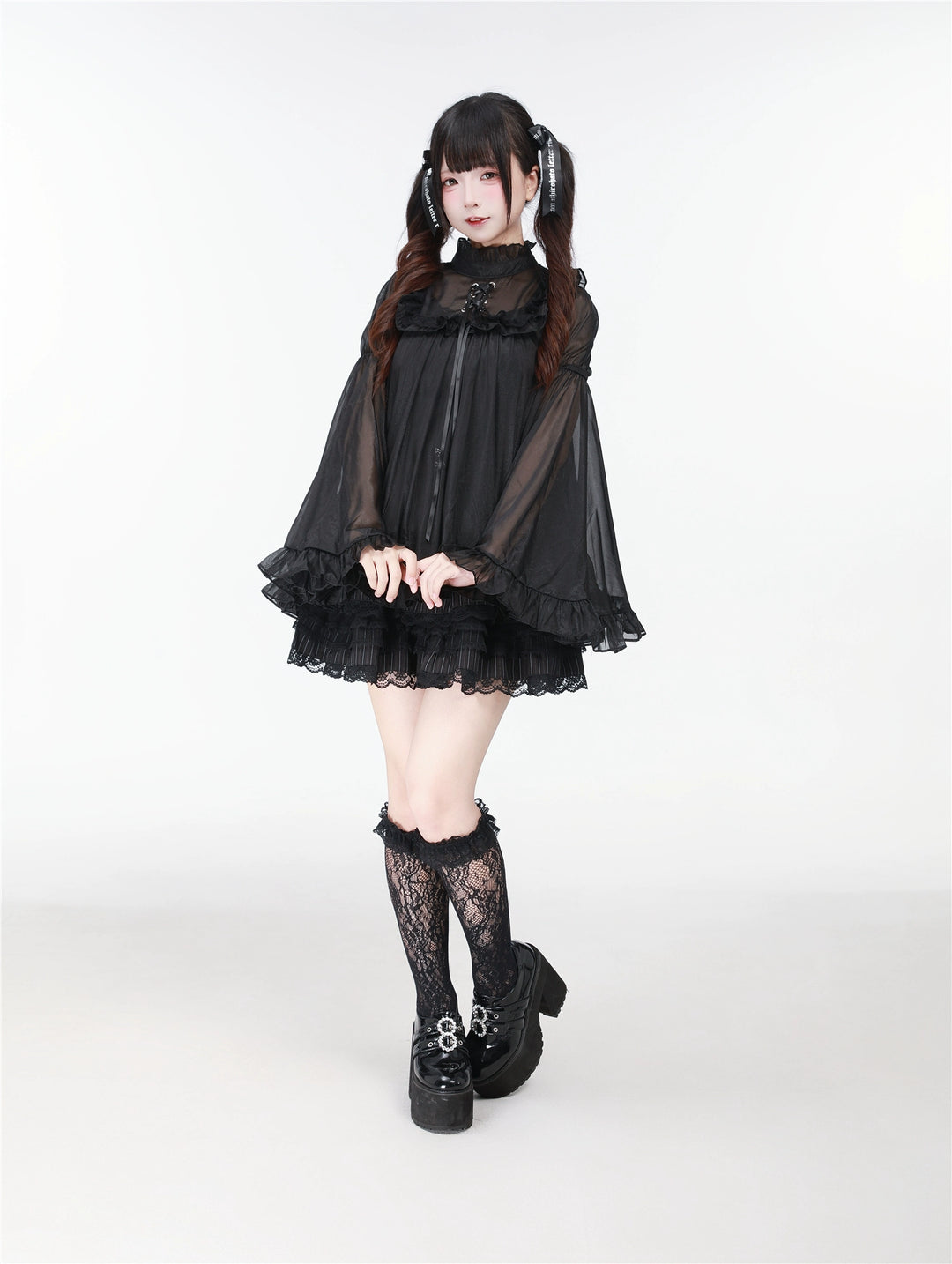 Black/White Jirai Kei Jumper Dress & Hime-Sleeved Sheer Blouse 43326:773595