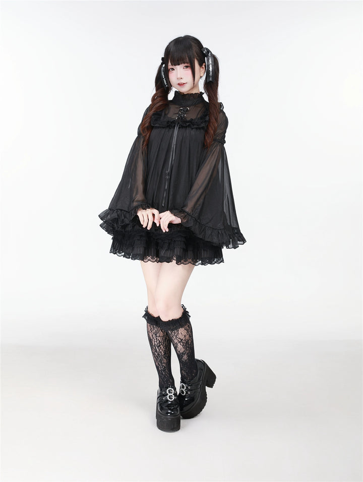 Black/White Jirai Kei Jumper Dress & Hime-Sleeved Sheer Blouse 43326:773595