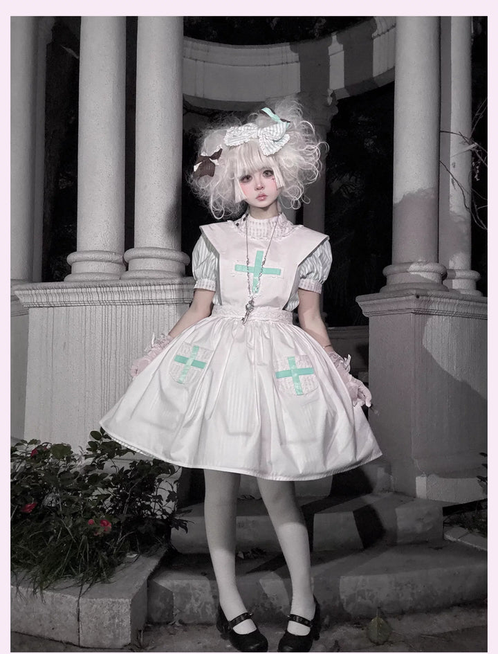 Old School Lolita Striped Dress, Cross Apron 45136:836803