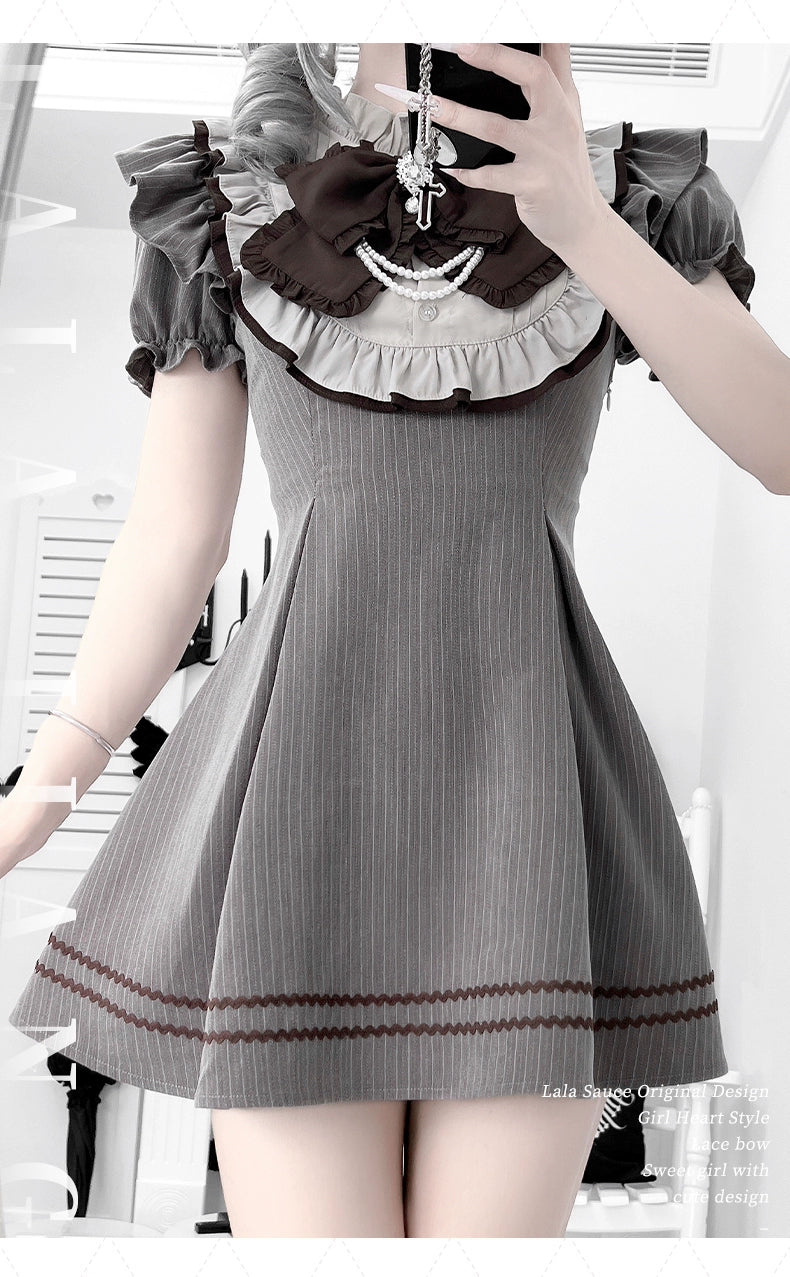 Striped Jirai Kei Dress,Thigh Length, Detachable Bowtie 43574:780094