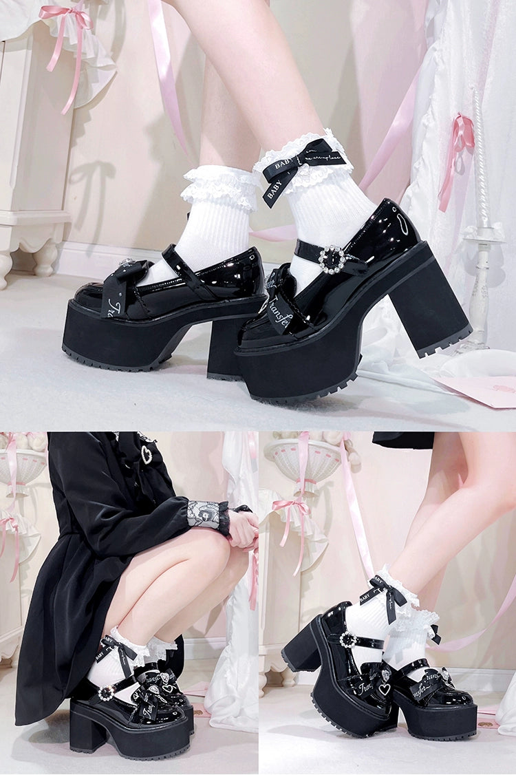 Jirai Kei Shoes Rhinestone Bow Platform Shoes With Shoe Clip 38042:594464