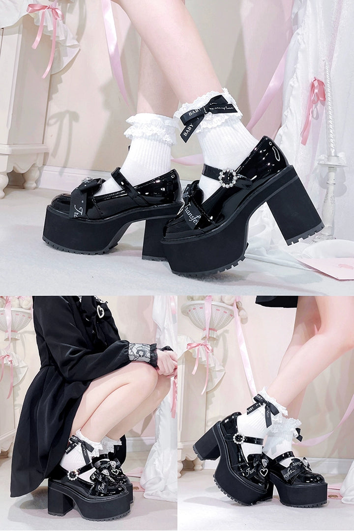 Jirai Kei Shoes Rhinestone Bow Platform Shoes With Shoe Clip 38042:594464