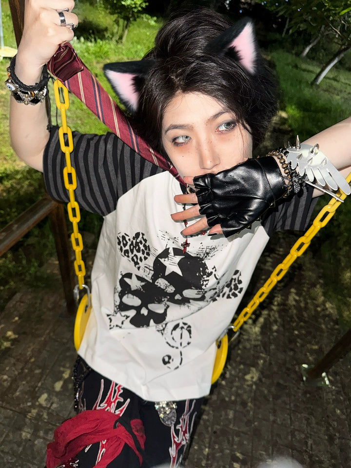 Cotton Subculture T-shirt, Gothic Skull & Leopard Heart Print 43225:771687