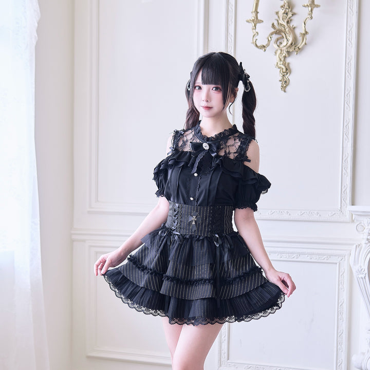 Jirai Kei Blouse with Hallow-out Upper & Rhinestone Bow Tie 42893:757704