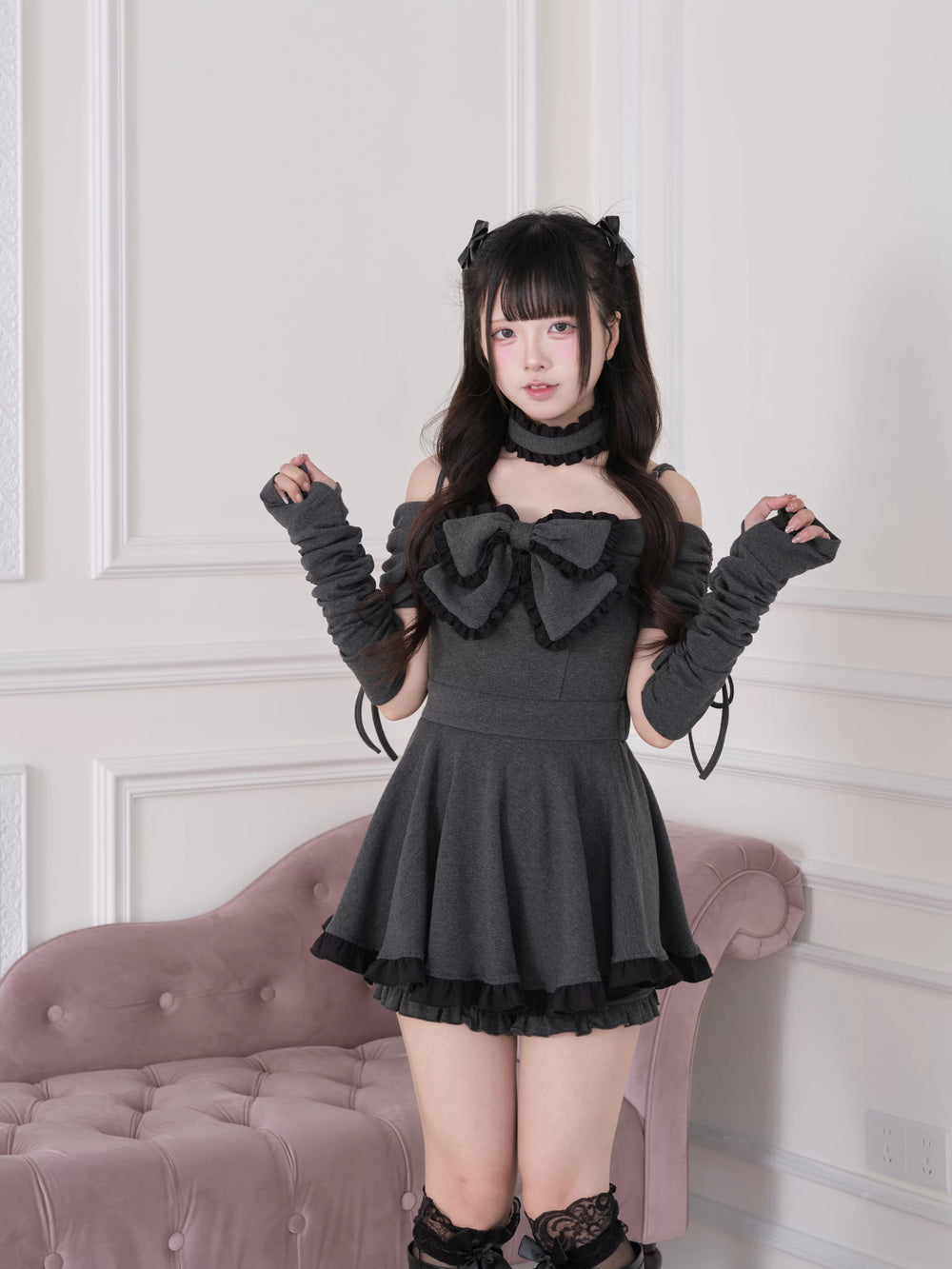 Jirai Kei Dress Set, Off-Shoulder & Ruffled Choker (M S) 44943:830419