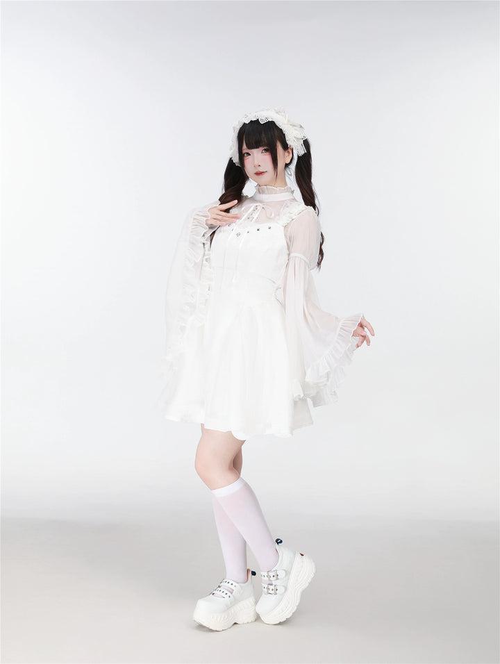 Black/White Jirai Kei Jumper Dress & Hime-Sleeved Sheer Blouse 43326:773602