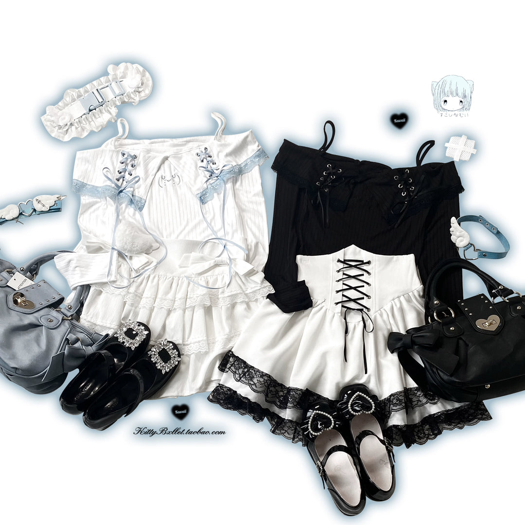 Jirai Kei Skirt High Waist Skirt Lace Up Skirt 36776:540146