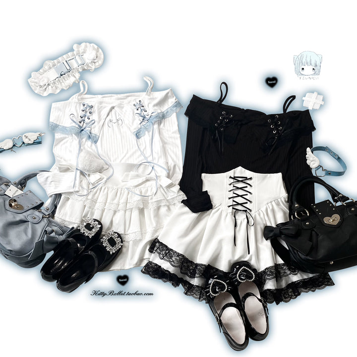 Jirai Kei Skirt High Waist Skirt Lace Up Skirt 36776:540146