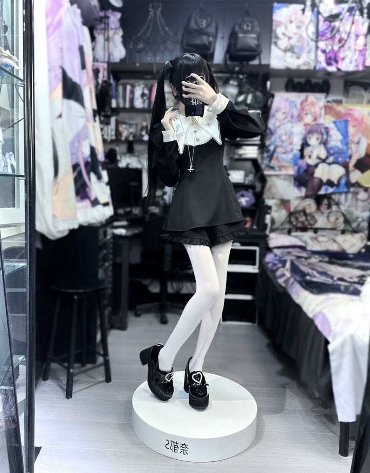 Jirai Kei Dress Puritan Collar Angel Wing Long-sleeved Dress 39868:643200