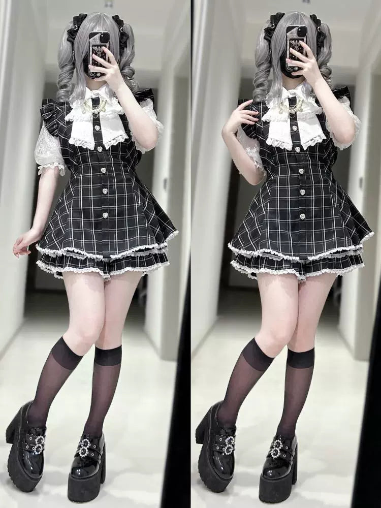 Plaid/Black Jirai Kei Dress Set, Lace Sleeve, Pearl Chain 43241:774468