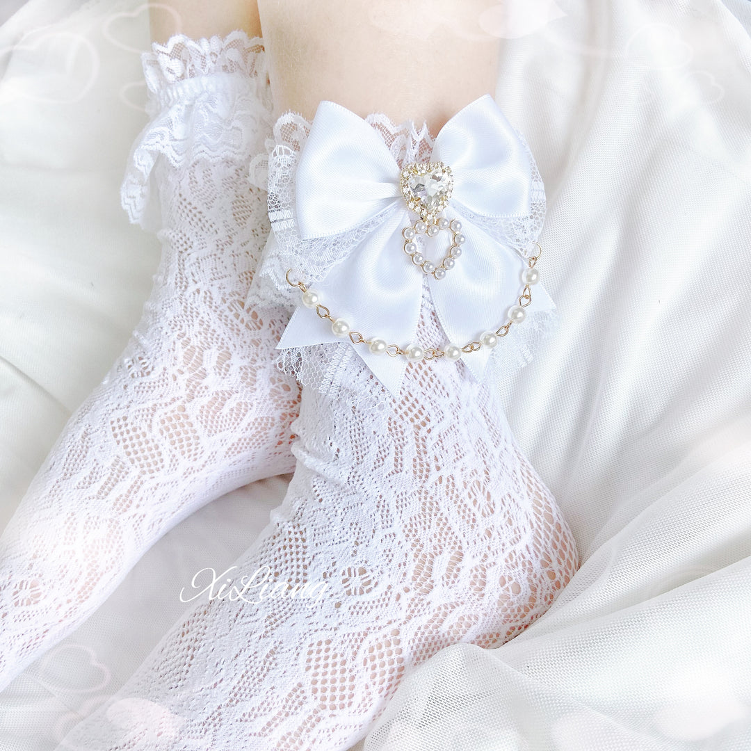 Jirai Kei Socks With Pearl Chain And Sweetheart Rhinestone Detail 28904:326736