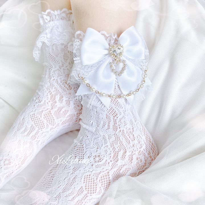 Jirai Kei Socks With Pearl Chain And Sweetheart Rhinestone Detail 28904:326736