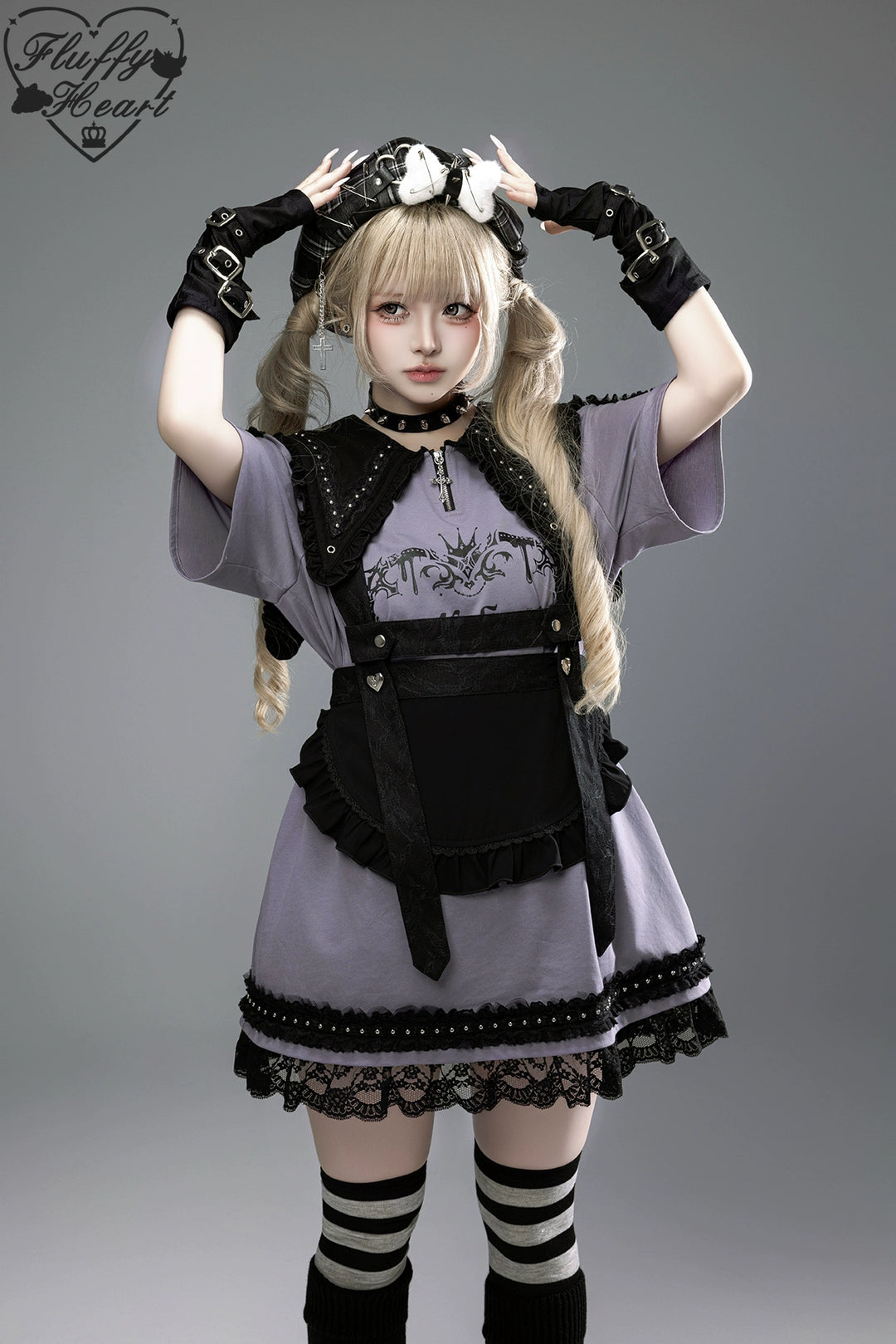 Cotton Sub Jirai Kei T-Shirt Dress, Pointed Collar, Open Shoulder 43373:774829
