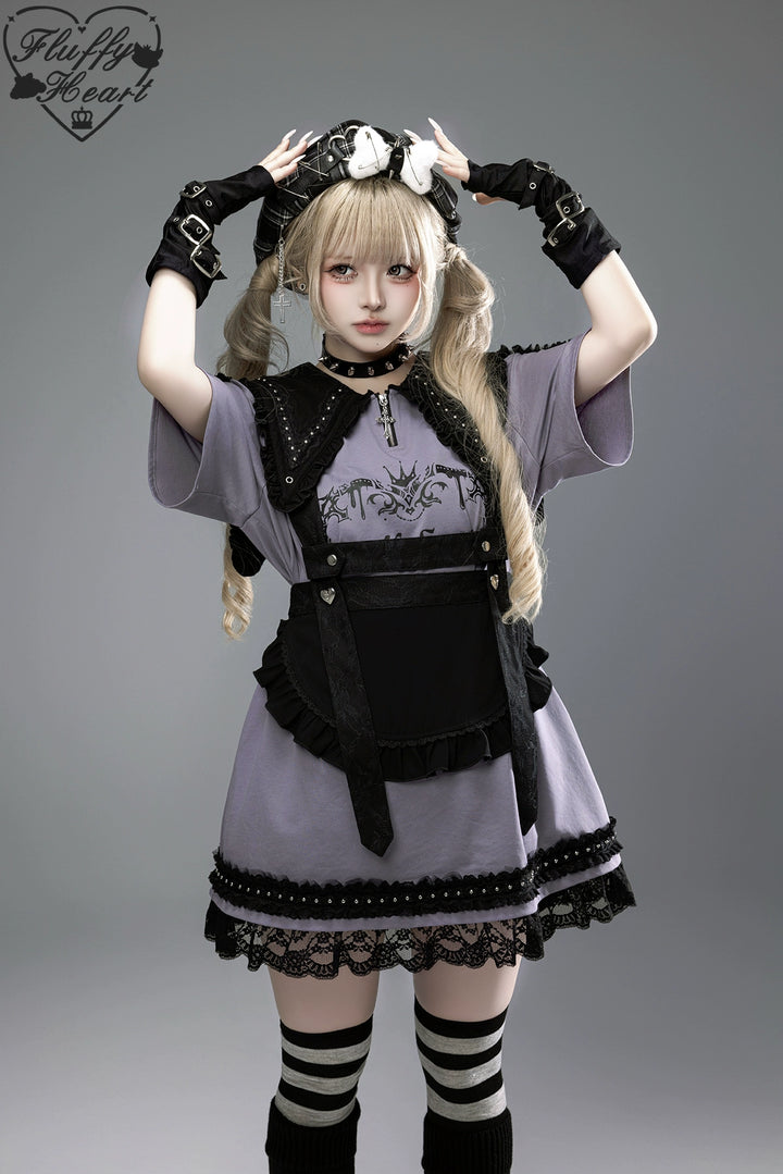 Cotton Sub Jirai Kei T-Shirt Dress, Pointed Collar, Open Shoulder 43373:774829