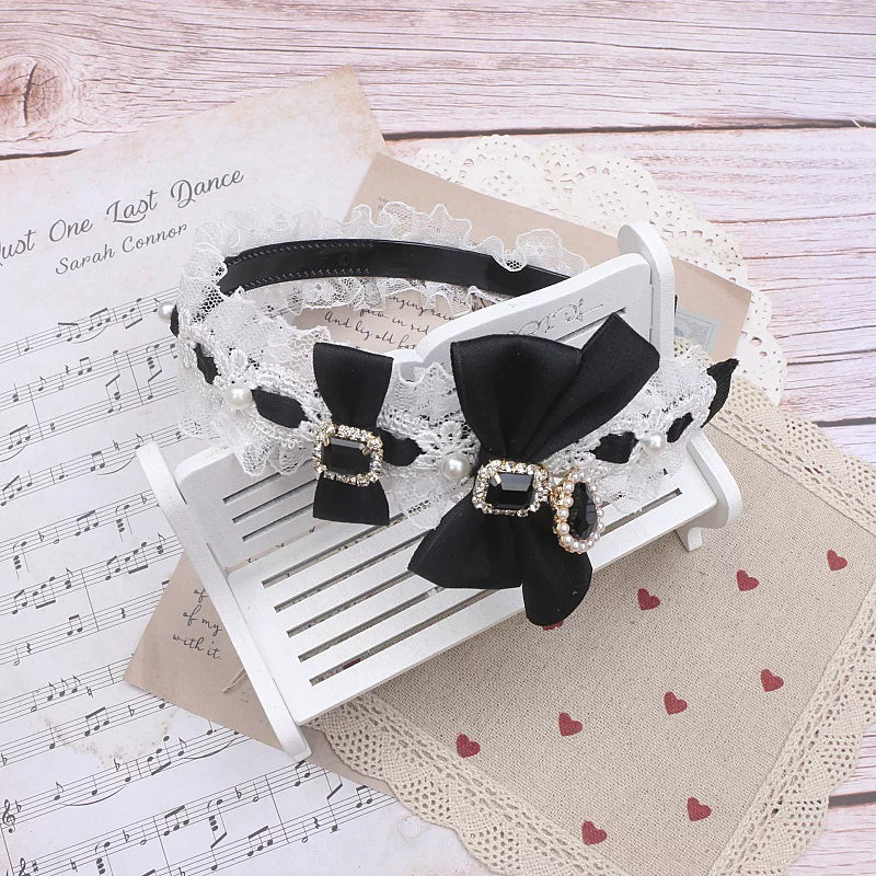 Jirai Kei Lace & Ribbon Headband, Heart-Shaped Rhinestone 45076:837728