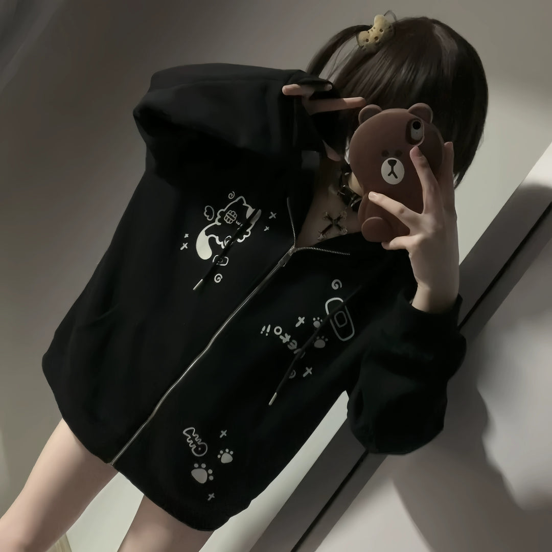 Kawaii Cat Ear Hooded Jacket, Bandage & Fishbone Print 43324:774189