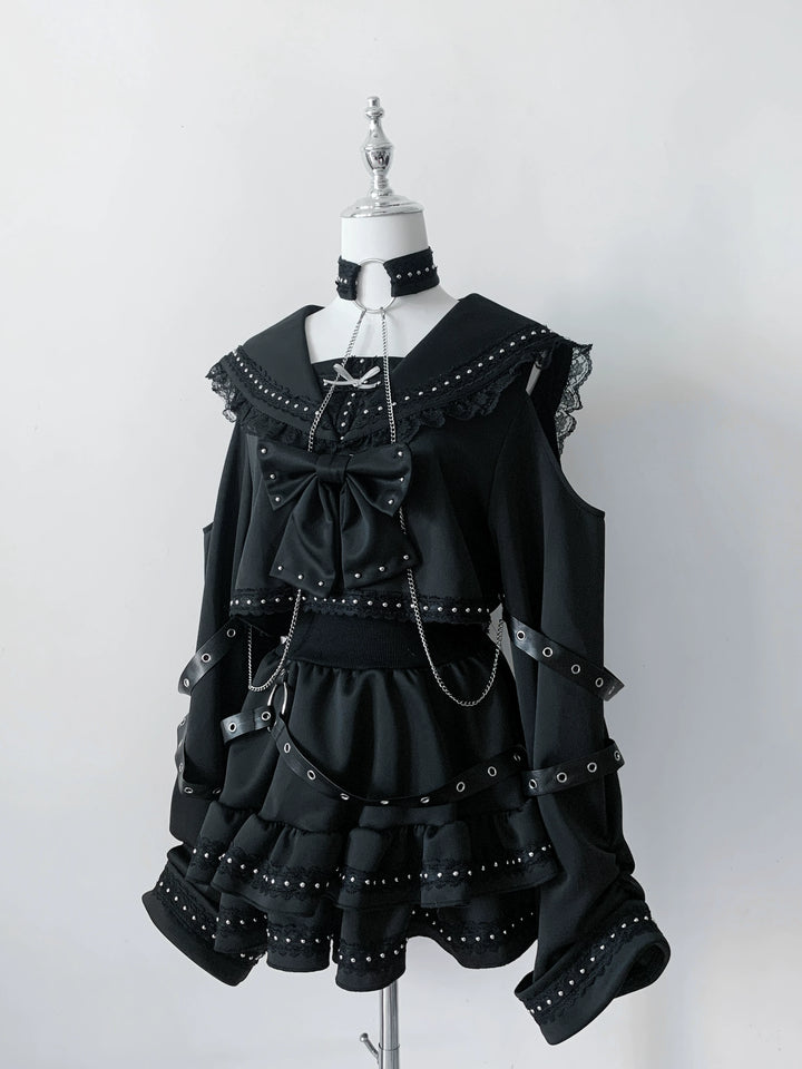 Subculture Black Top & Skirt Set, Snakeskin-Like Style (L S) 44771:827682