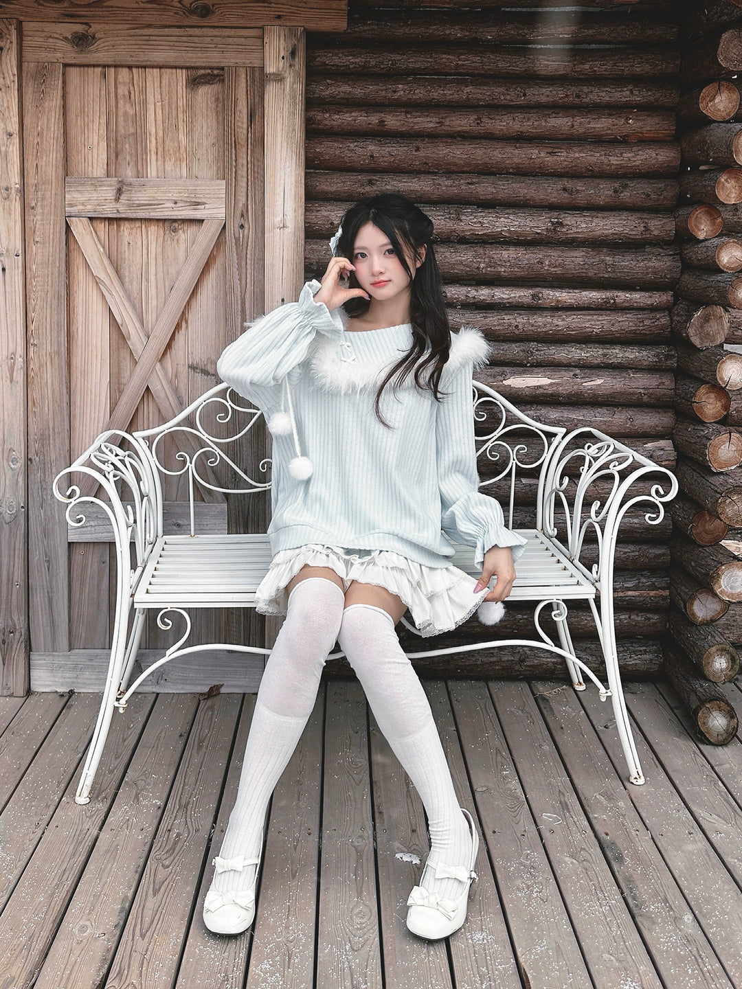 Sweet Blue One-Shoulder Sweater & White Tiered Skirt 43935:790926