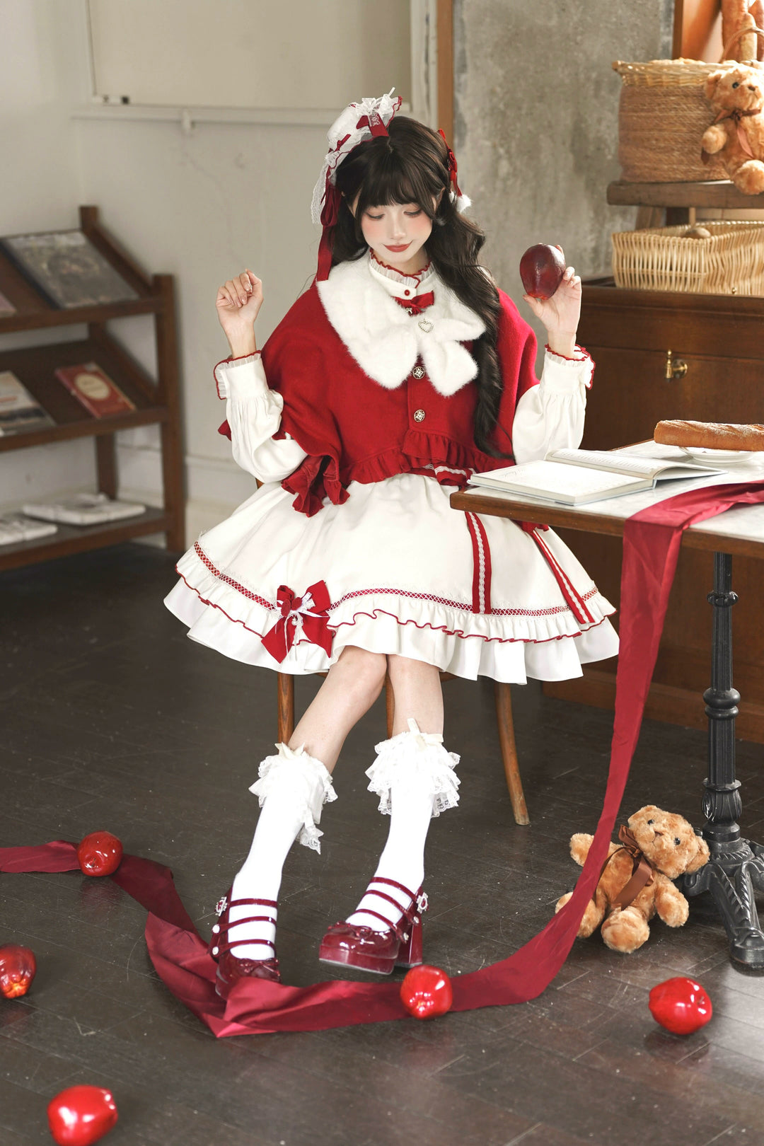 Christmas Dress Outfit, Red Cape with Detachable Collar 44323:804992