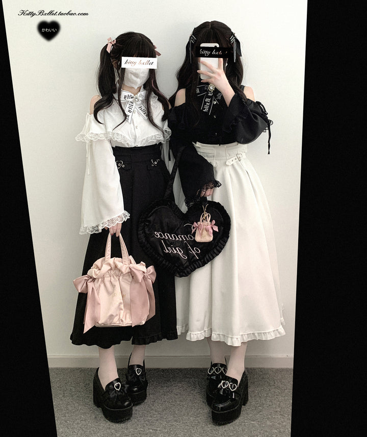 Open Shoulder Jirai Kei Blouse with Lace Trim & Princess Sleeves 42618:746998