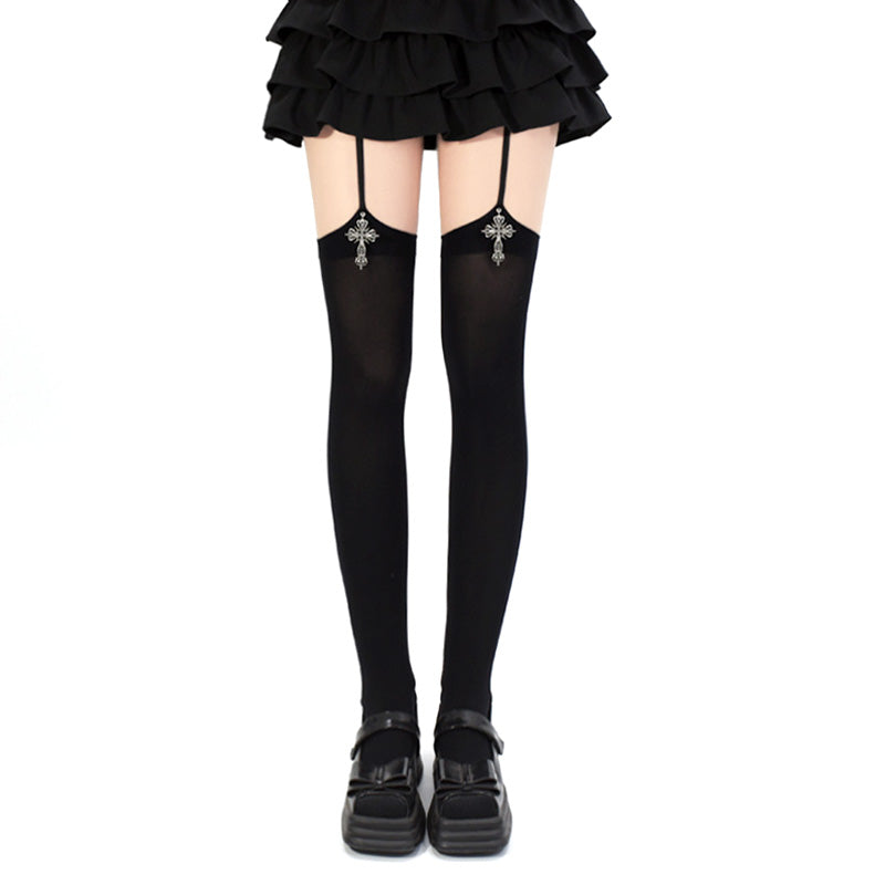 Solid Lolita Garter Stockings Velvet Socks with Cross Pendants (Black) 42603:746258