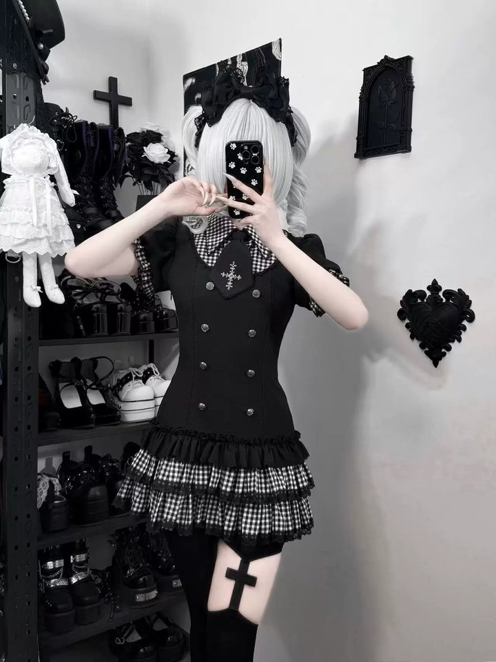 Low-Waist Jirai Kei Dress Set, Cross Embroidery 44780:826724