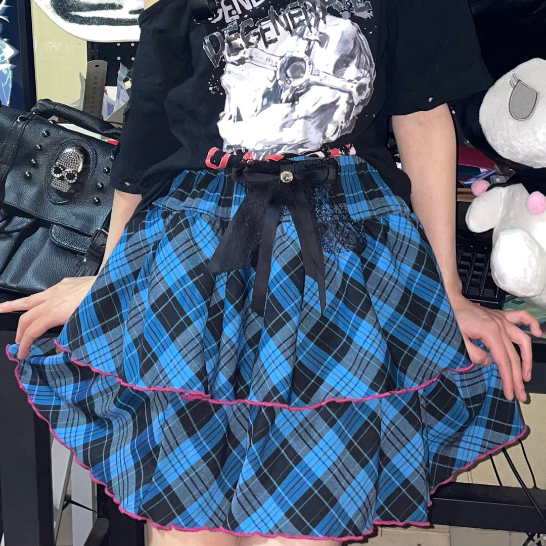 Punk Plaid Skirt Pink Blue Skirt Bow Layered Ruffle Skirt (L M) 33818:445924 (L M) 33818:445924
