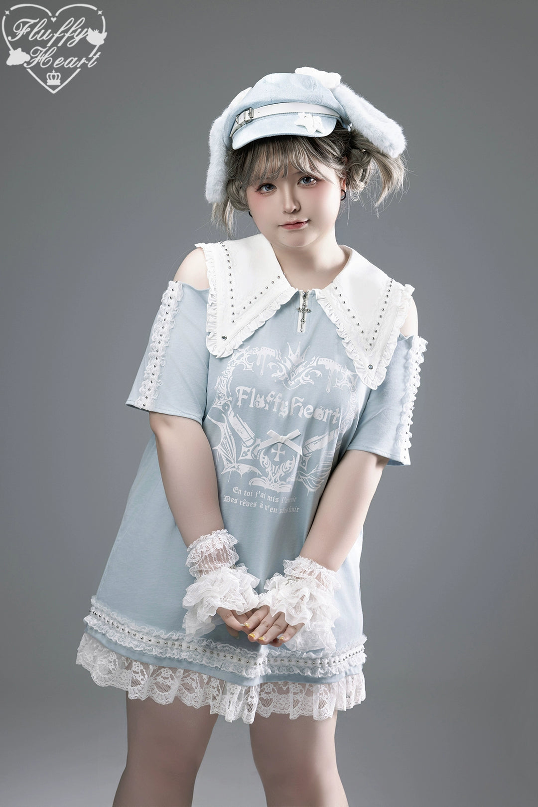 Cotton Sub Jirai Kei T-Shirt Dress, Pointed Collar, Open Shoulder 43373:774827