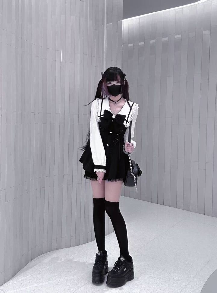 Lace-up Jirai Kei Dress Set with Lace and Rhinestone Button 42784:752958