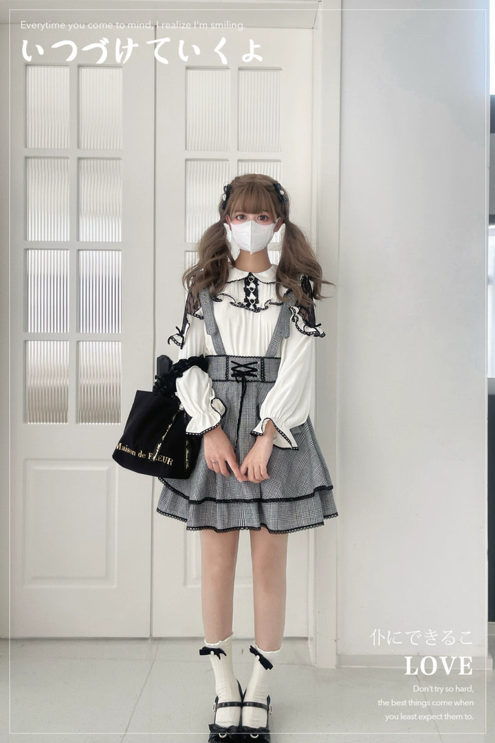 Jirai Kei Blouse White Lace Shirt Plaid Skirt Overall Dress 32960:431756