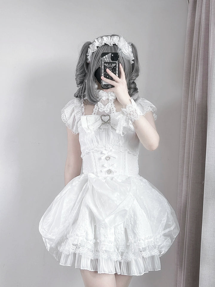 Black / White Jirai Kei Dress, Floral Lace & Halter Neck 43105:771124