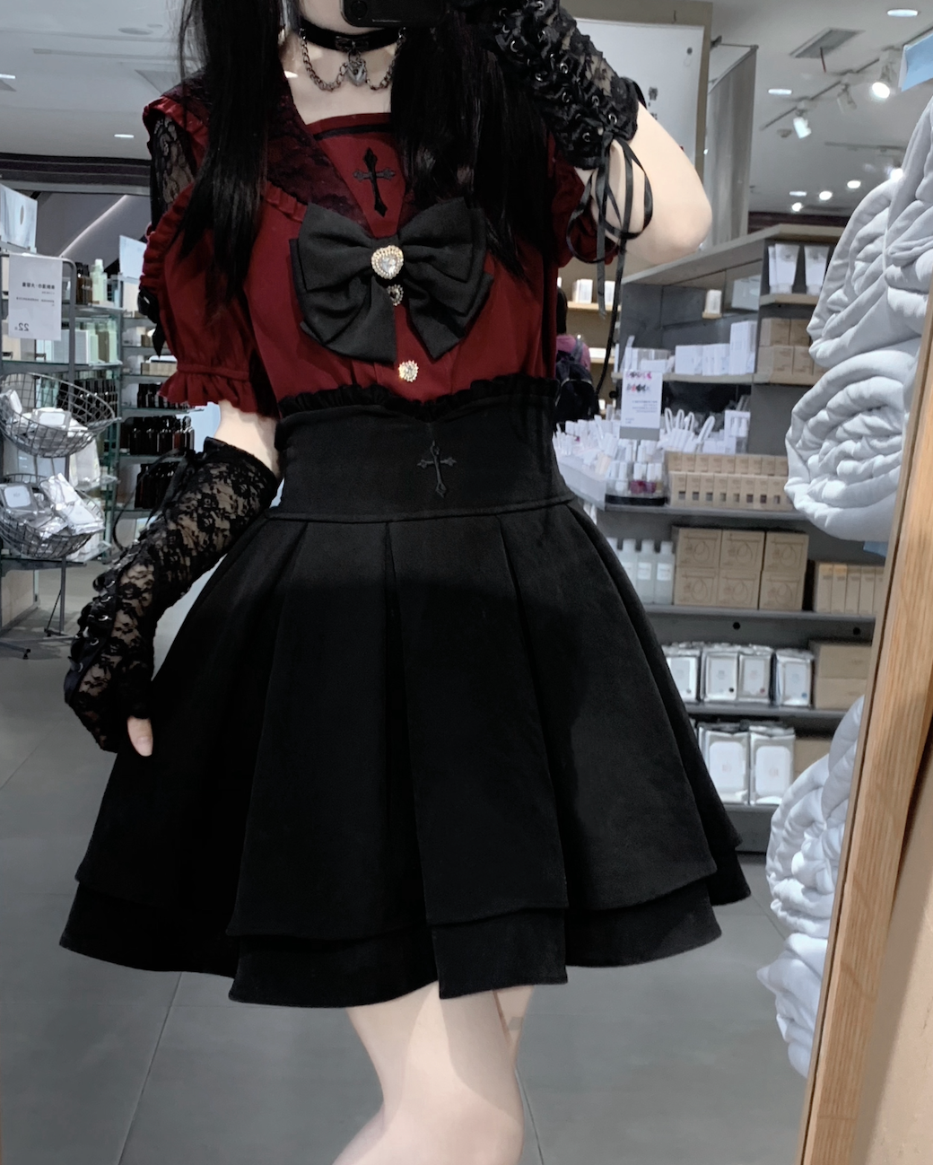 Sailor Collar Jirai Kei Blouse, High Waist Skirt, Embroidered Cross (L M XL) 37118:552510