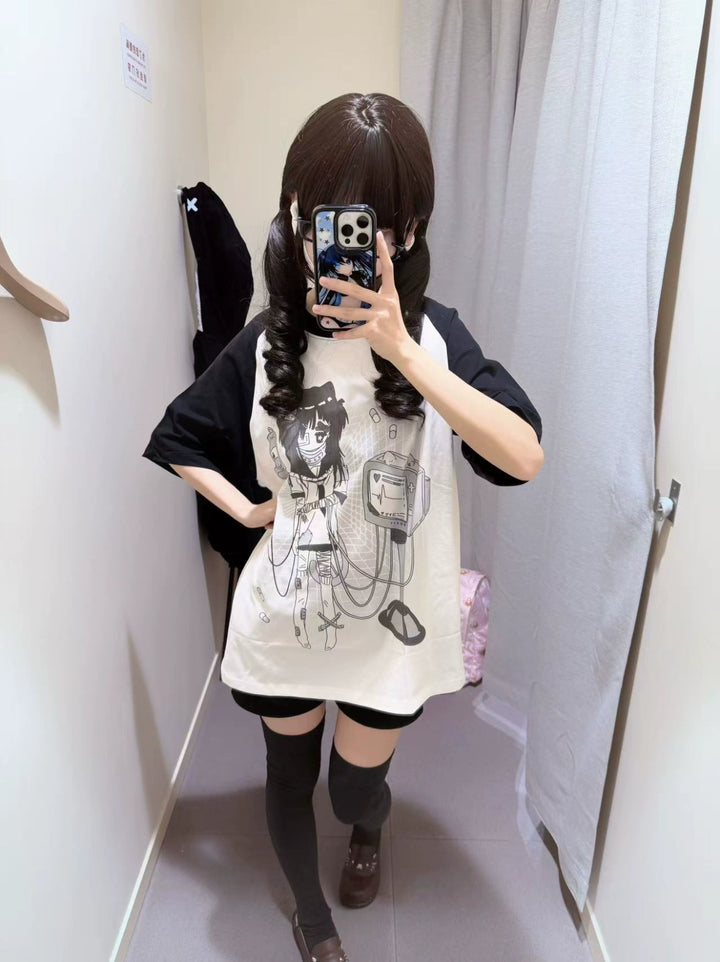 Cotton Jirai Kei T-shirt with Bandaged Girl & ECG Print (2XL L M XL) 42906:757322