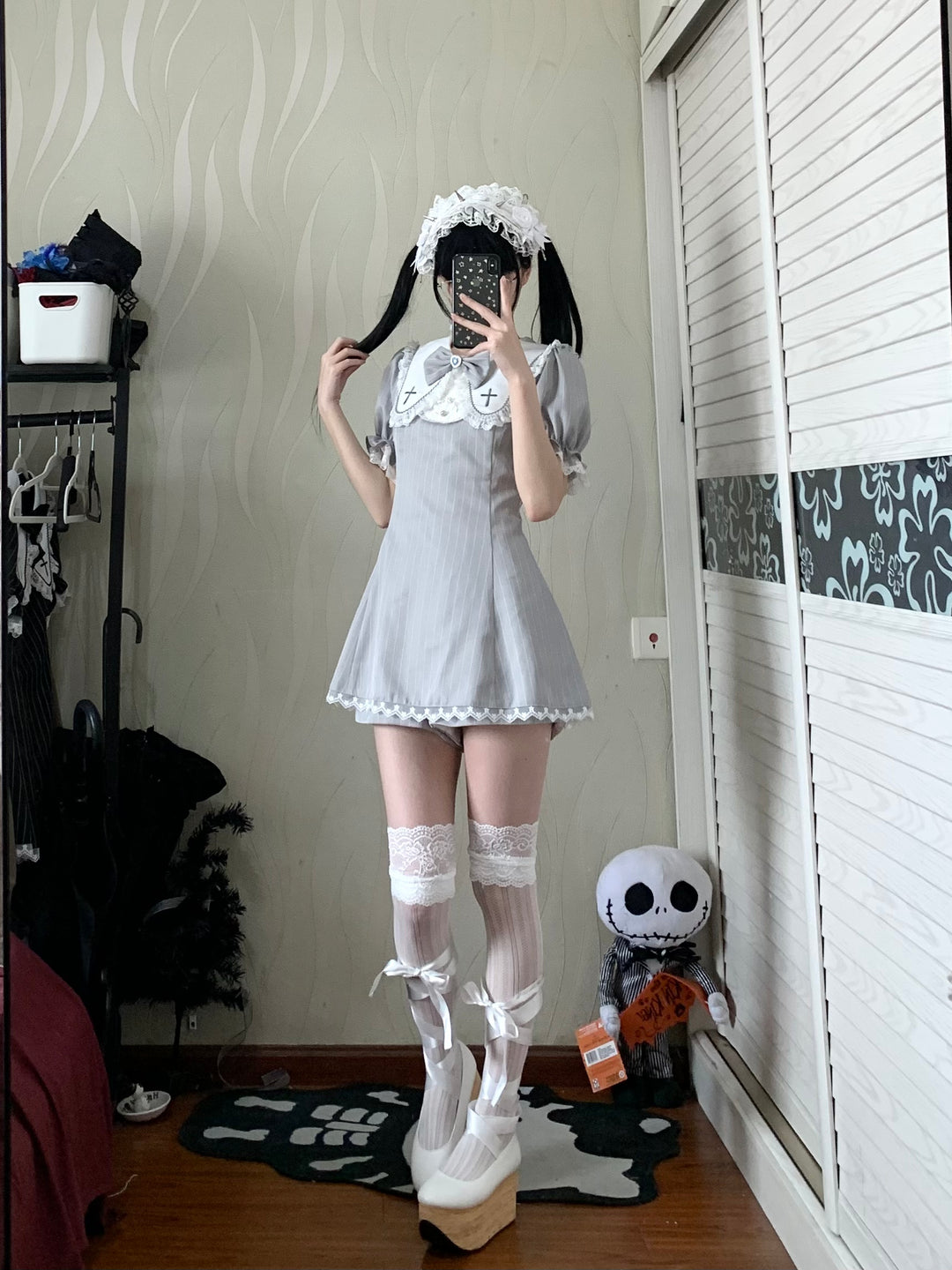 Striped Jirai Kei Dress Set Sailor Collar with Cross Details 42785:752996
