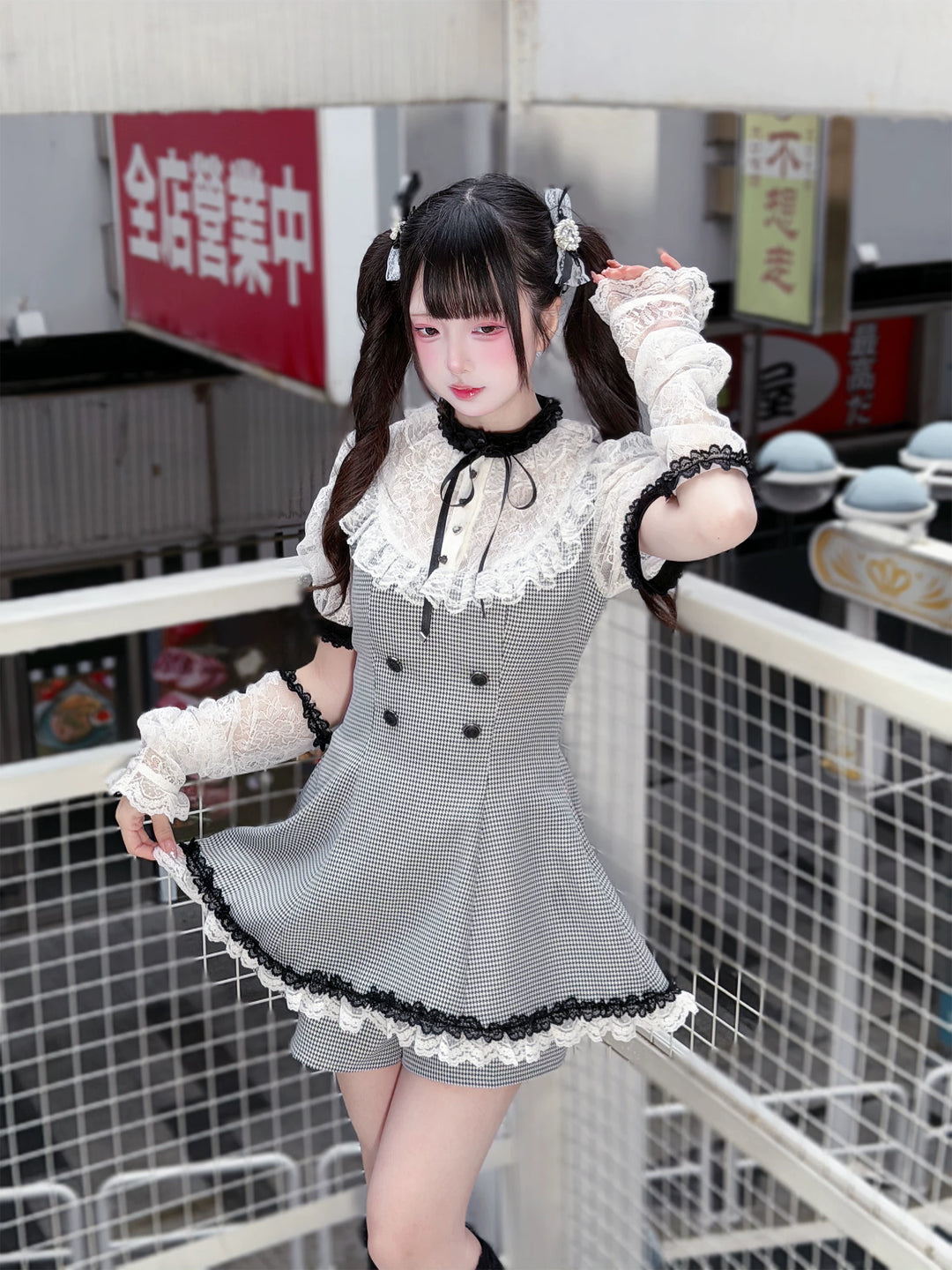Jirai Kei Houndstooth Pattern Dress, Lace & Detachable Sleeves 44922:828279