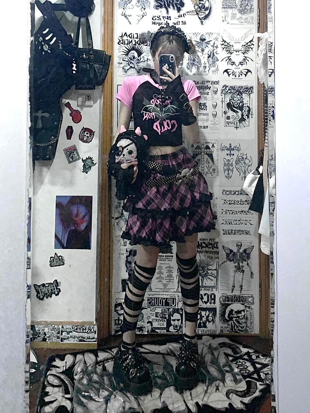 Punk Plaid Skirt Pink Blue Skirt Bow Layered Ruffle Skirt 33818:445986 33818:445986