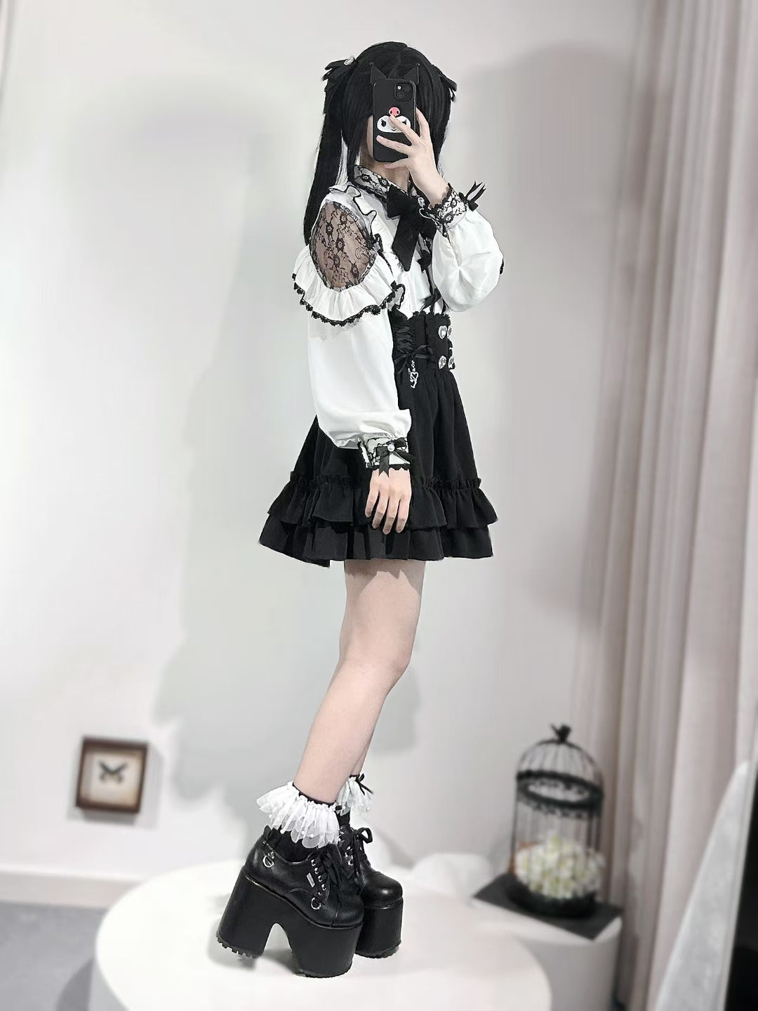 Jirai Kei White Blouse With Lace Open Shoulder And Long Sleeves 42710:750090