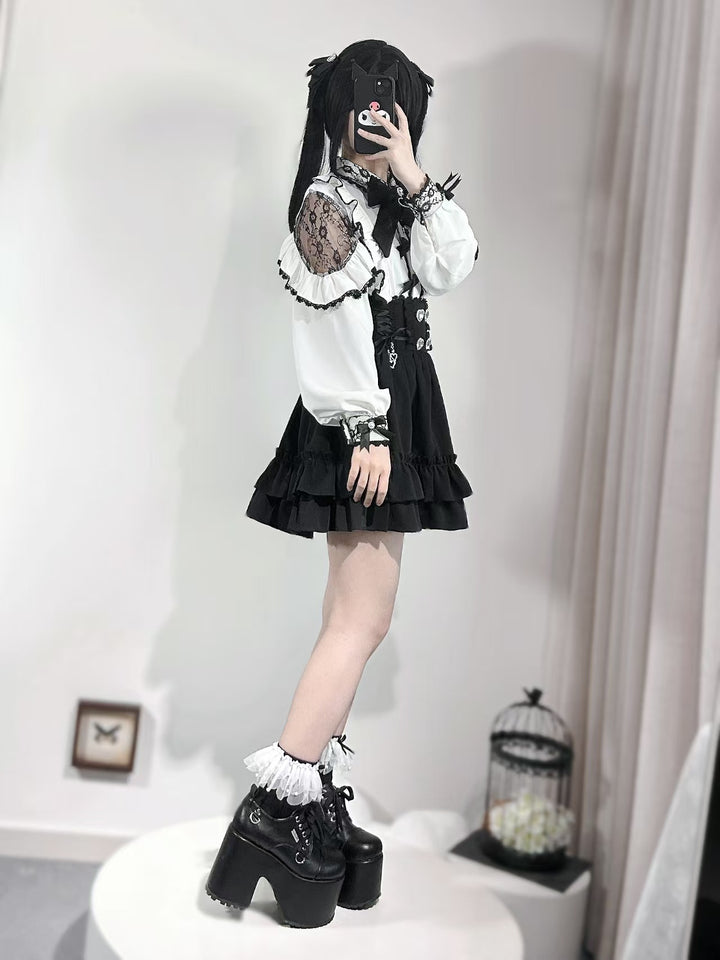 Jirai Kei White Blouse With Lace Open Shoulder And Long Sleeves 42710:750090