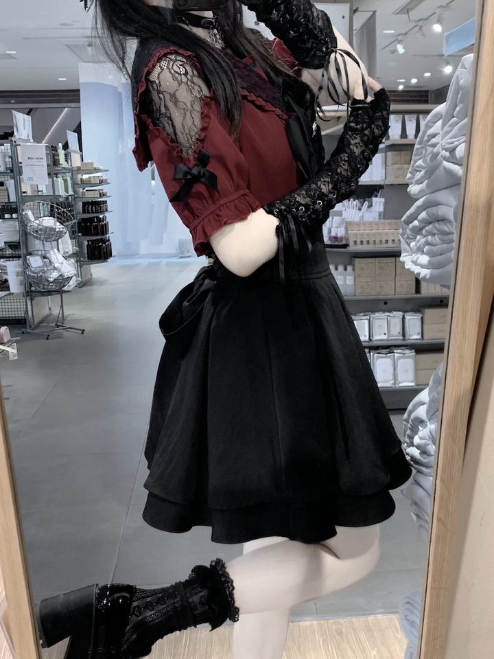 Sailor Collar Jirai Kei Blouse, High Waist Skirt, Embroidered Cross 37118:552562
