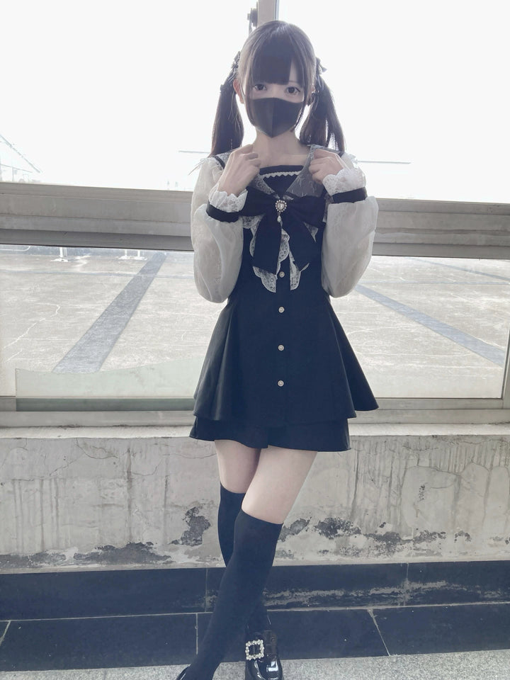 Jirai Kei Set Up Lace Sleeve Sailor Collar Dress Shorts 37650:567942