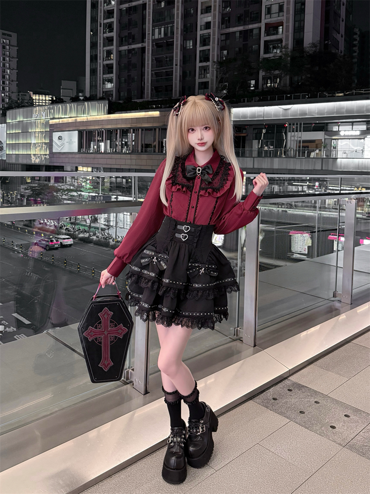 Long-sleeved Jirai Kei Blouse, Cake-Styled Skirt 44680:819287
