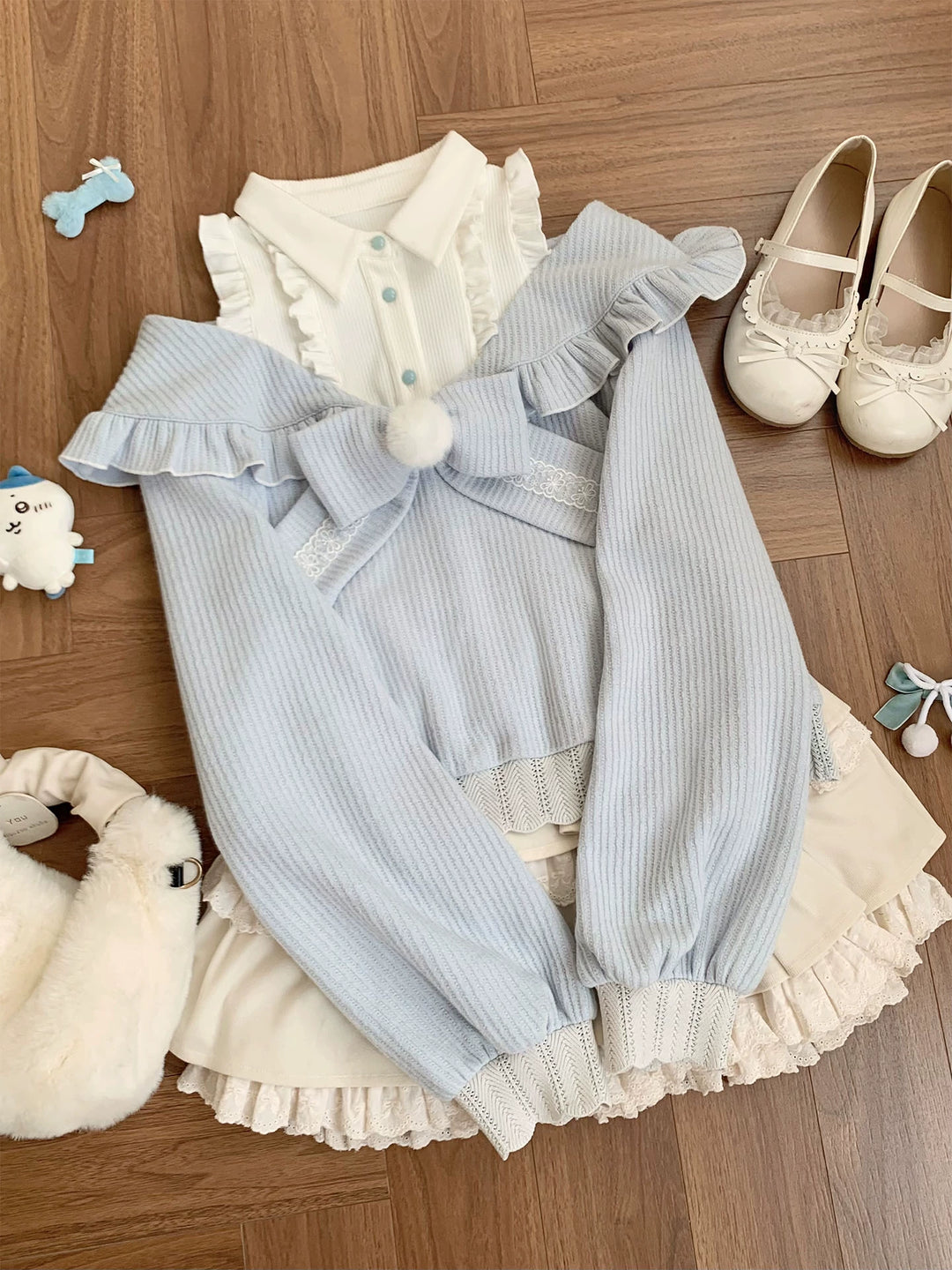 Open-Shoulder Tenshi Kaiwai Sweater, Tiered Ruffles Skirt 43775:786739